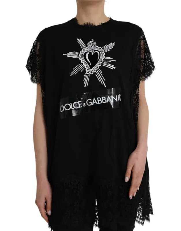 Black Sacred Heart Print Cotton Lace T-shirt made by Louxly