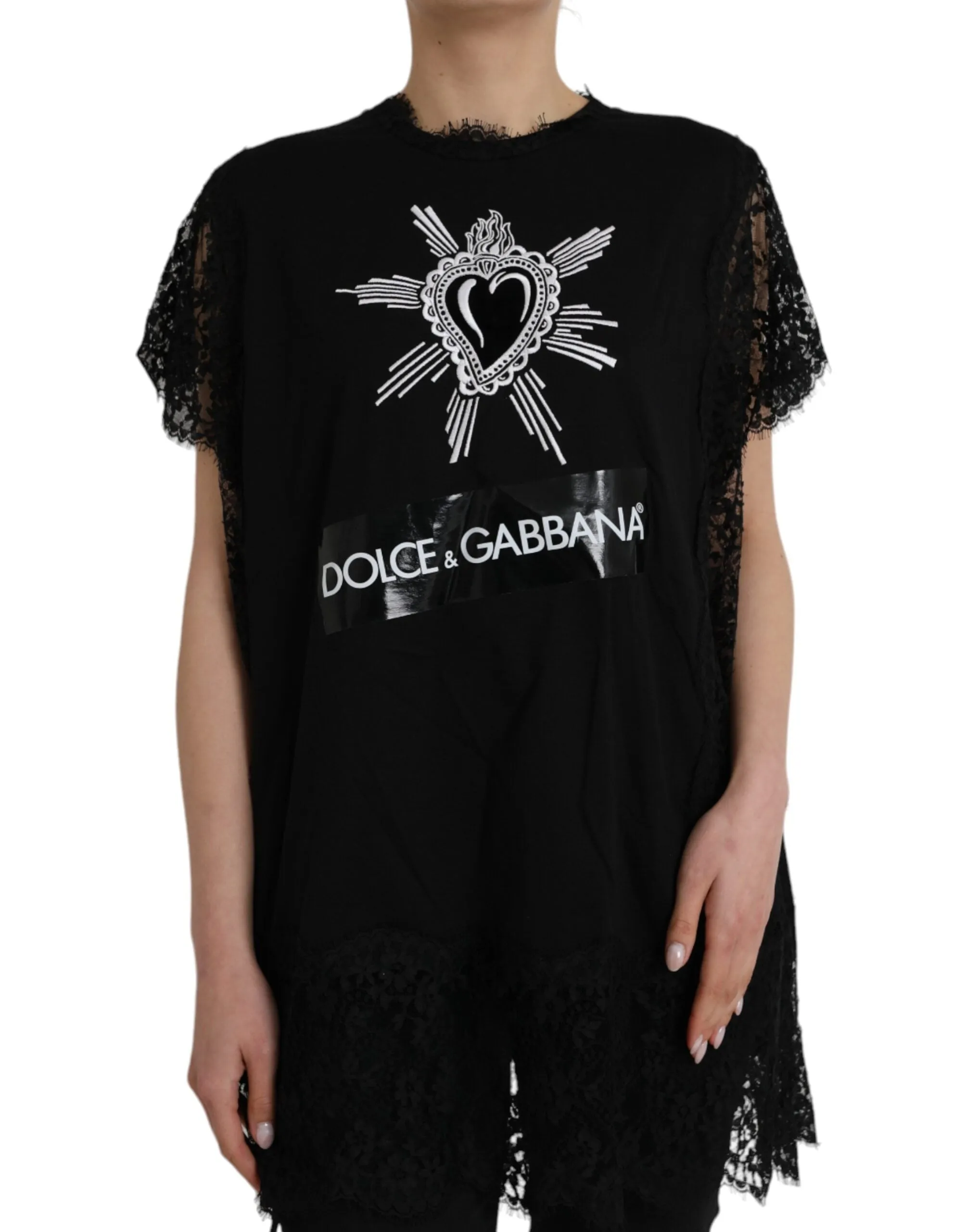 Black Sacred Heart Print Cotton Lace T-shirt sold by Louxly