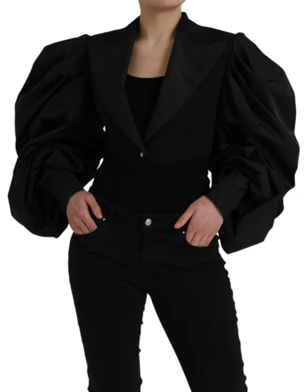 Black Polyester Puffed Sleeves Cropped Jacket sold by Louxly
