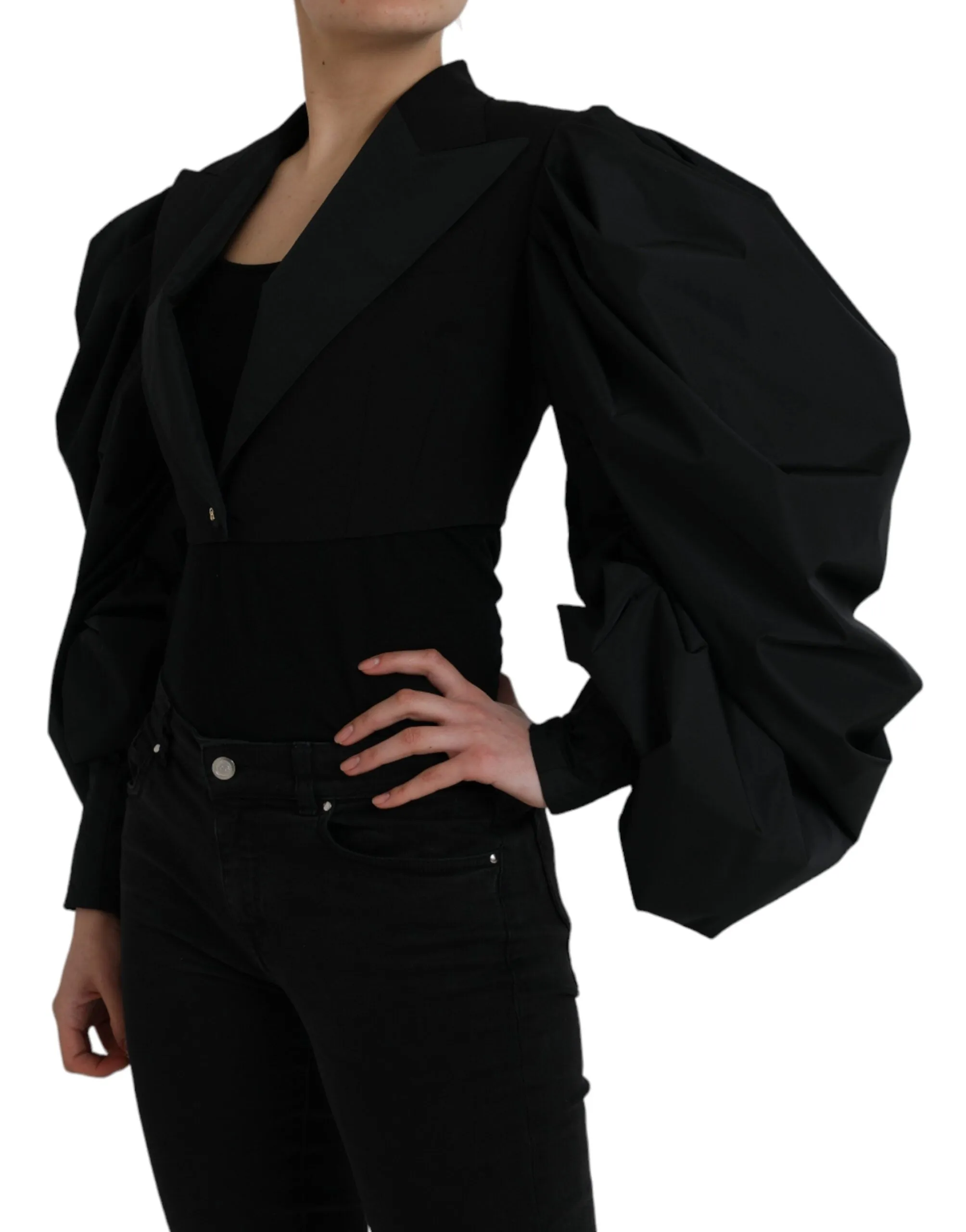 Black Polyester Puffed Sleeves Cropped Jacket sold by Louxly product image thumbnail 3