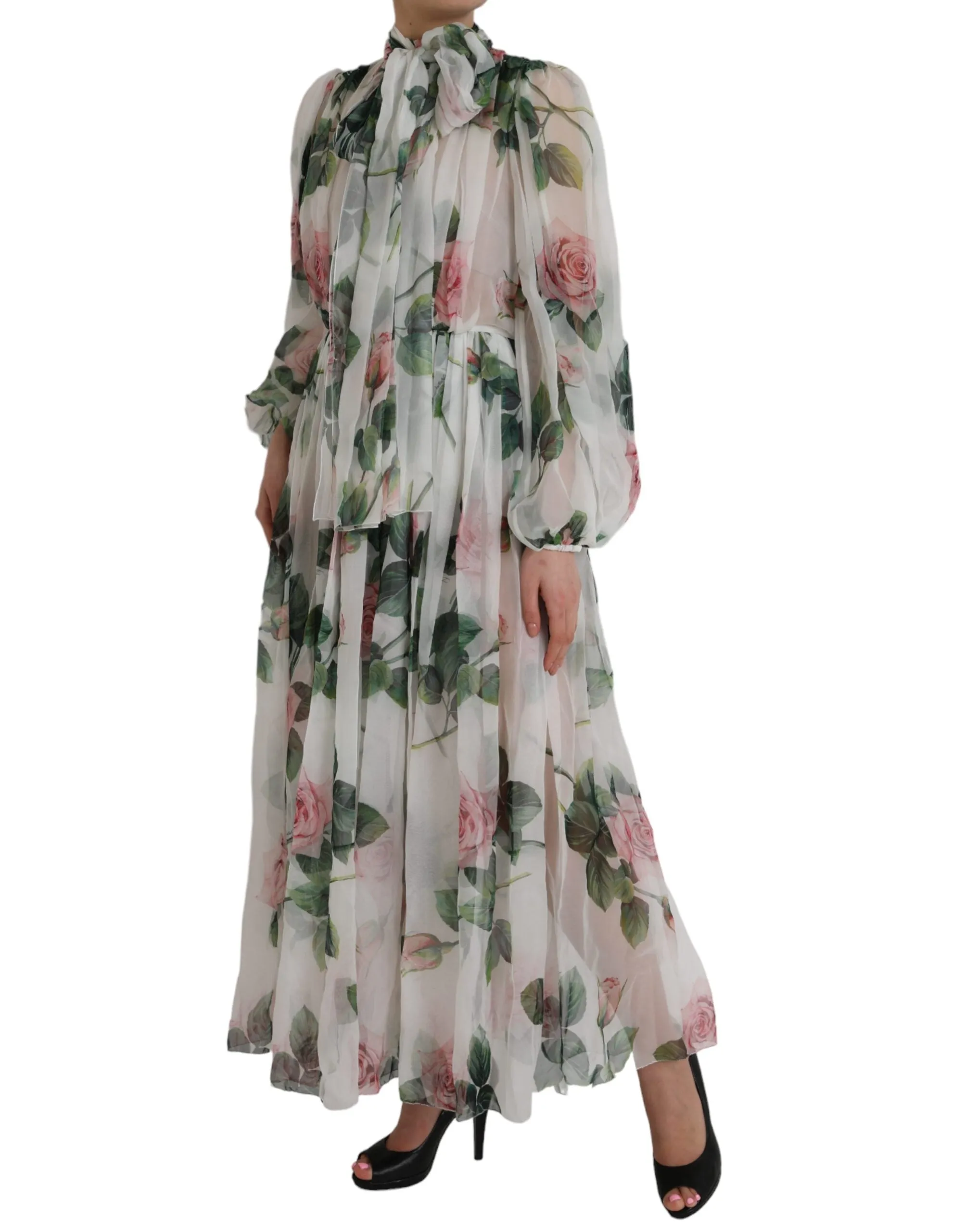 White Silk Floral Print Long Maxi Dress sold by Louxly product image thumbnail 3