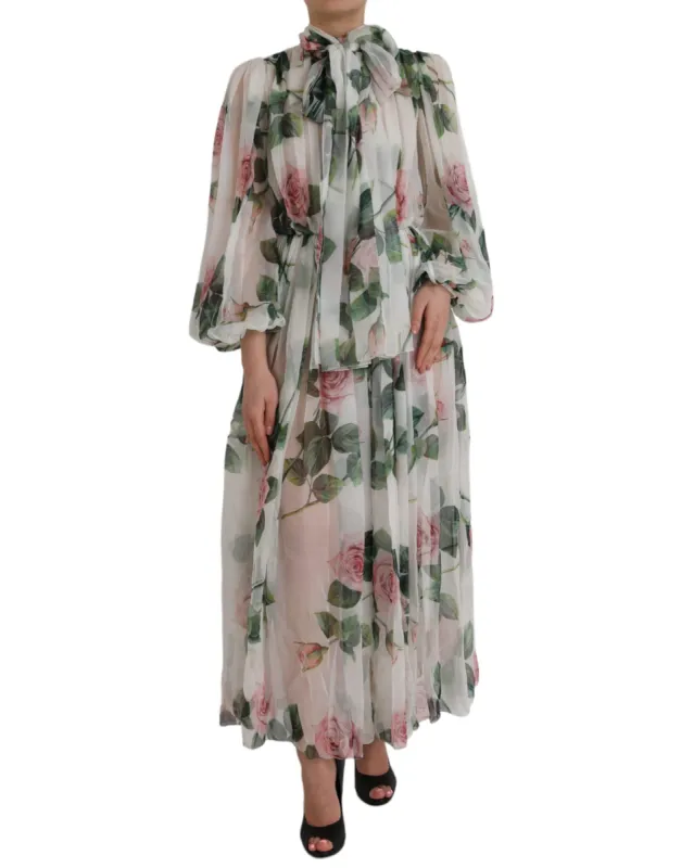 White Silk Floral Print Long Maxi Dress sold by Louxly