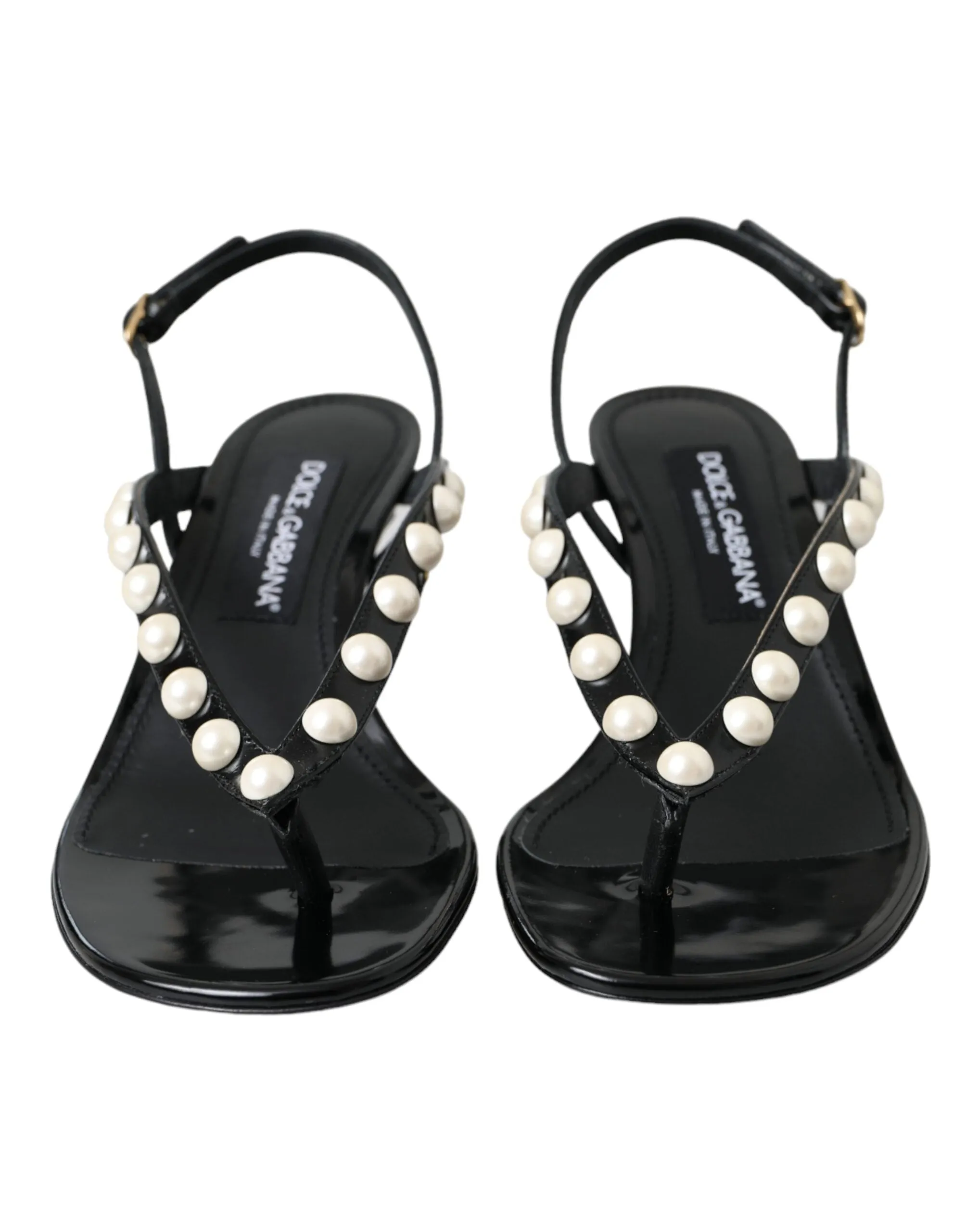 Black Leather Faux Pearl Heel Sandals Shoes sold by Louxly product image thumbnail 2
