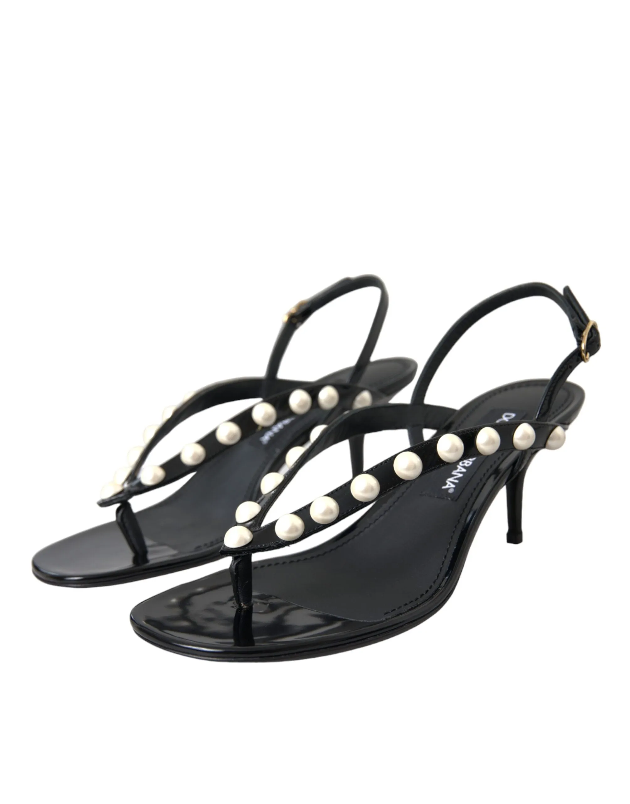 Black Leather Faux Pearl Heel Sandals Shoes sold by Louxly product image thumbnail 3