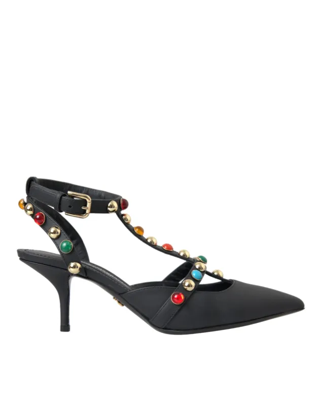 Black Leather Embellished Heels Sandal Shoes sold by Louxly