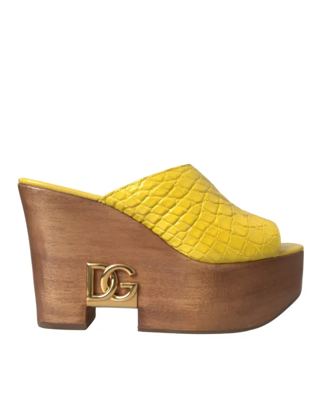 Yellow Leather Wood Mule Wedge Slides Shoes sold by Louxly