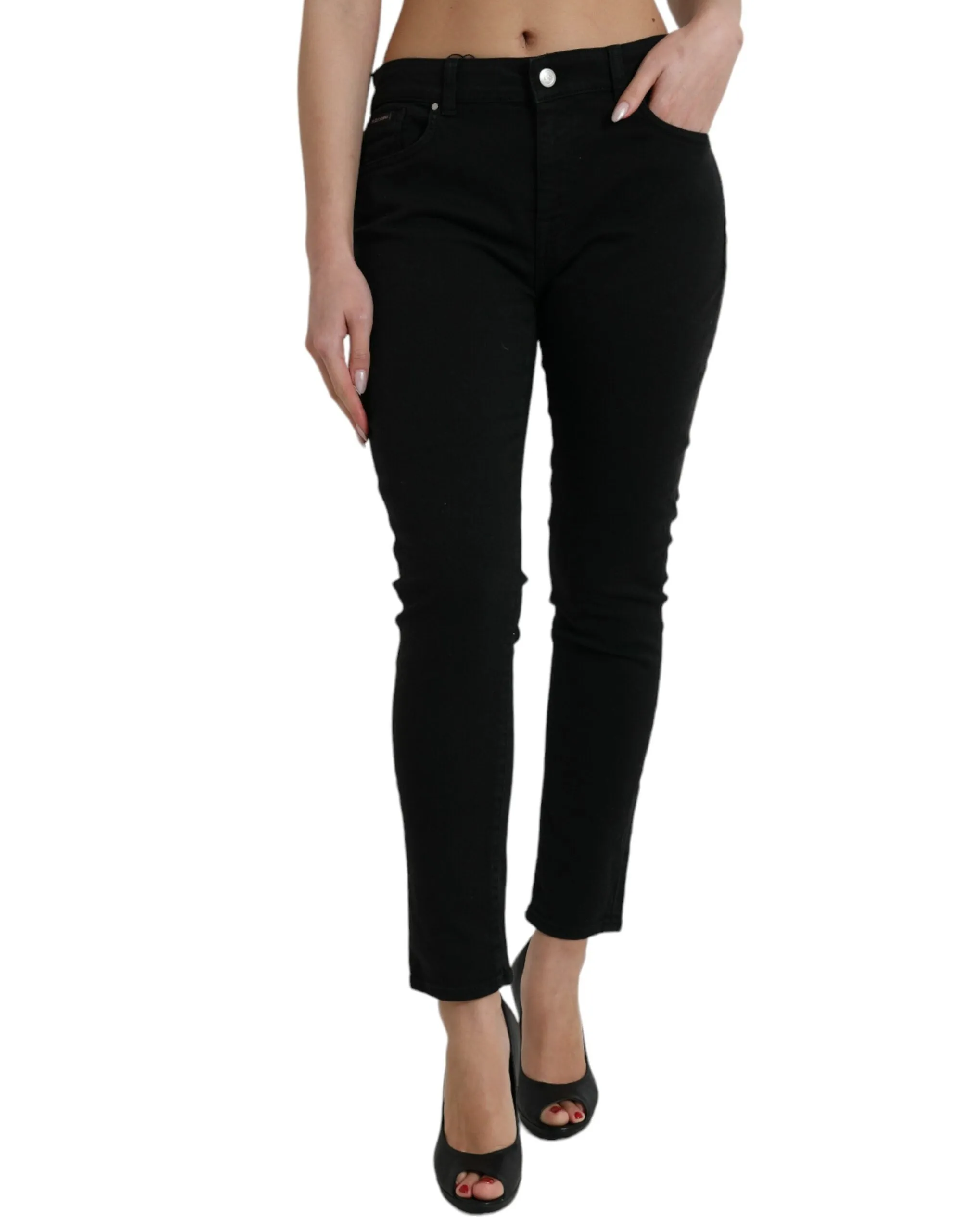 Elegant Mid Waist Stretch Jeans in Black sold by Louxly