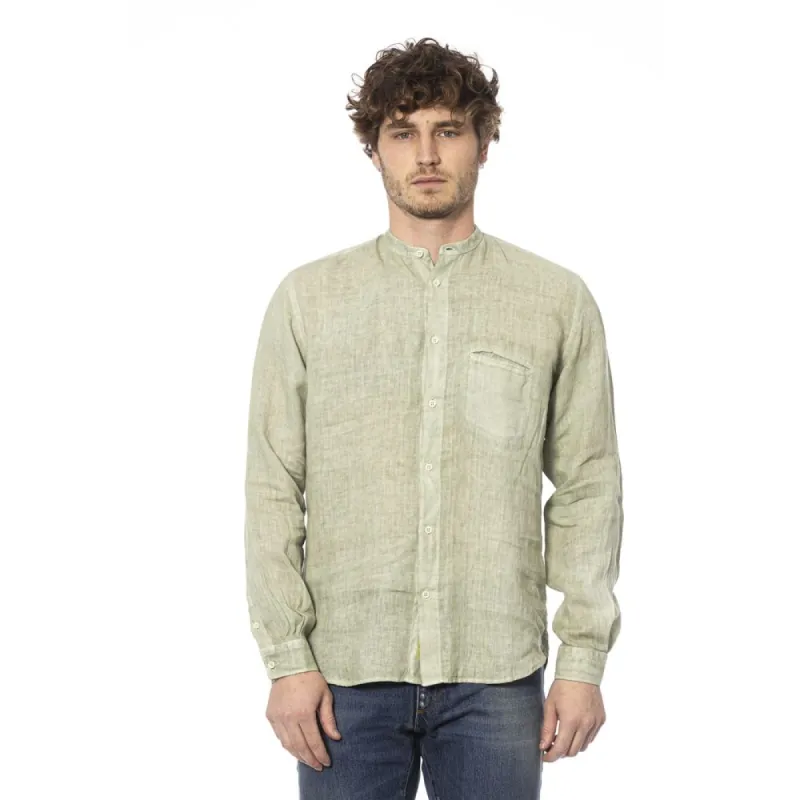 Elegant Green Linen Shirt with Mandarin Collar sold by Louxly