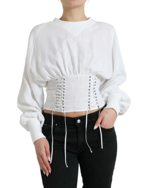 Elegant White Lace-Up Corset Cropped Top sold by Louxly