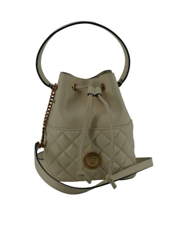 Elegant Small White Leather Bucket Shoulder Bag sold by Louxly