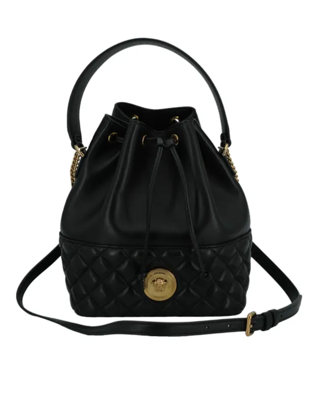 Elegant Black Leather Medusa Bucket Shoulder Bag sold by Louxly