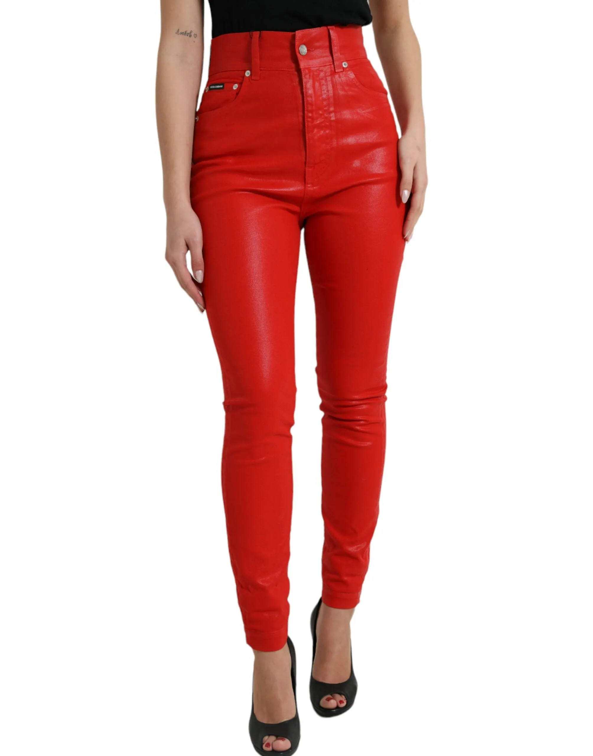 Elegant High-Waist Stretch Denim in Red sold by Louxly