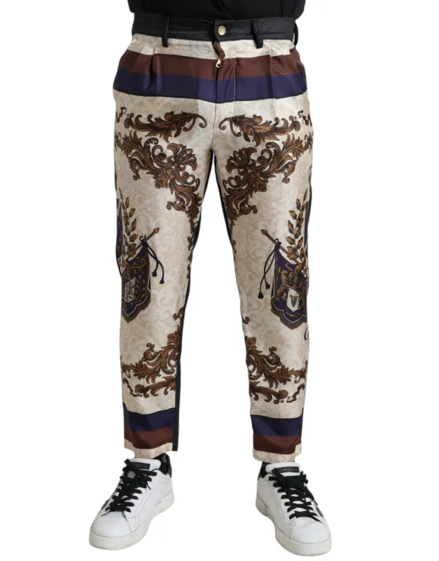 Elegant Silk Skinny Pants with Heraldic Print sold by Louxly