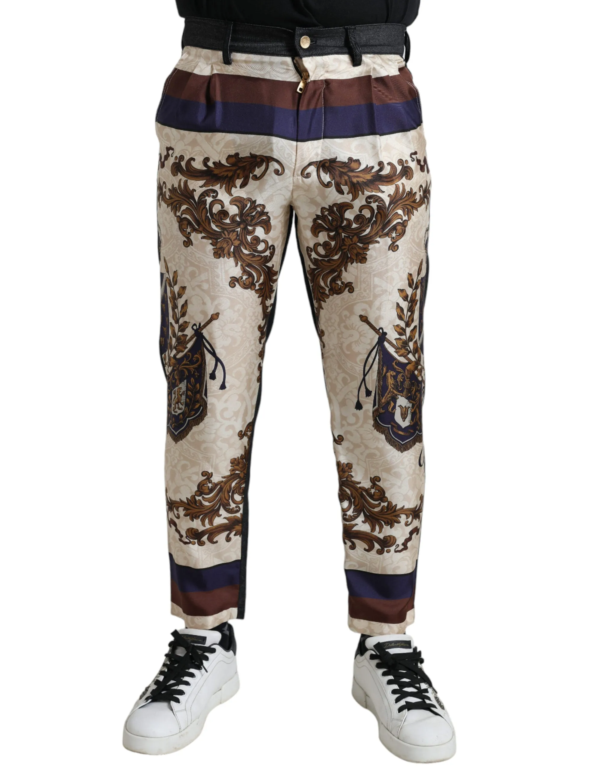 Elegant Silk Skinny Pants with Heraldic Print sold by Louxly