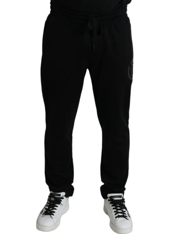 Elegant Black Cotton Joggers with Logo Embroidery sold by Louxly