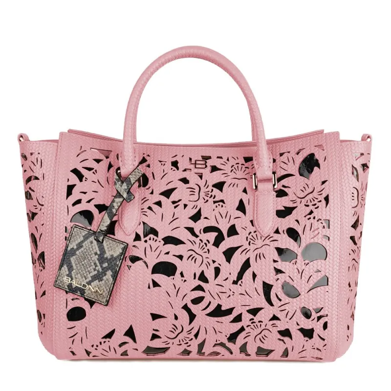 Chic Pink Calfskin Handbag with Floral Accents sold by Louxly