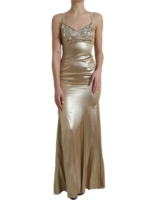 Elegant Metallic Gold Sheath Dress with Crystals sold by Louxly