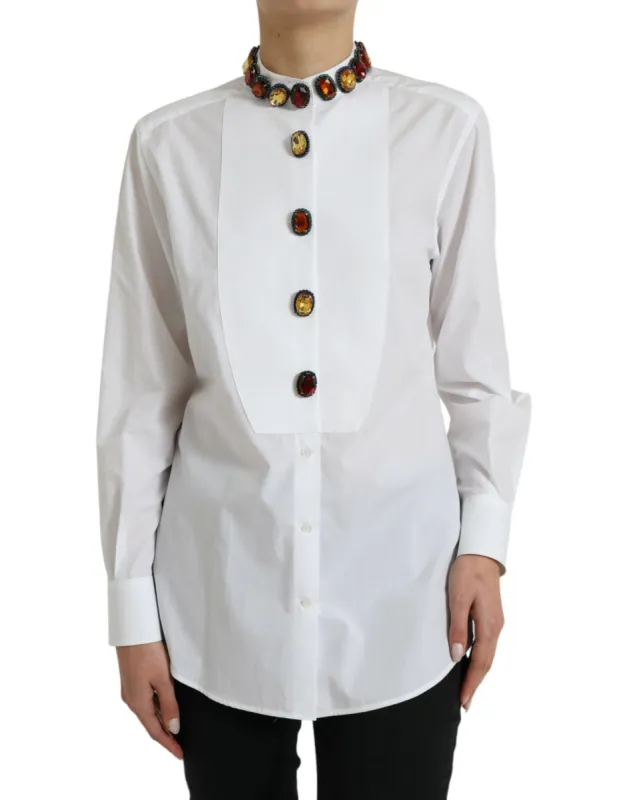 Elegant Crystal-Embellished White Cotton Top made by Louxly