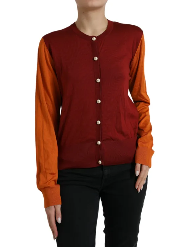 Silk Button Front Cardigan in Maroon Mix sold by Louxly