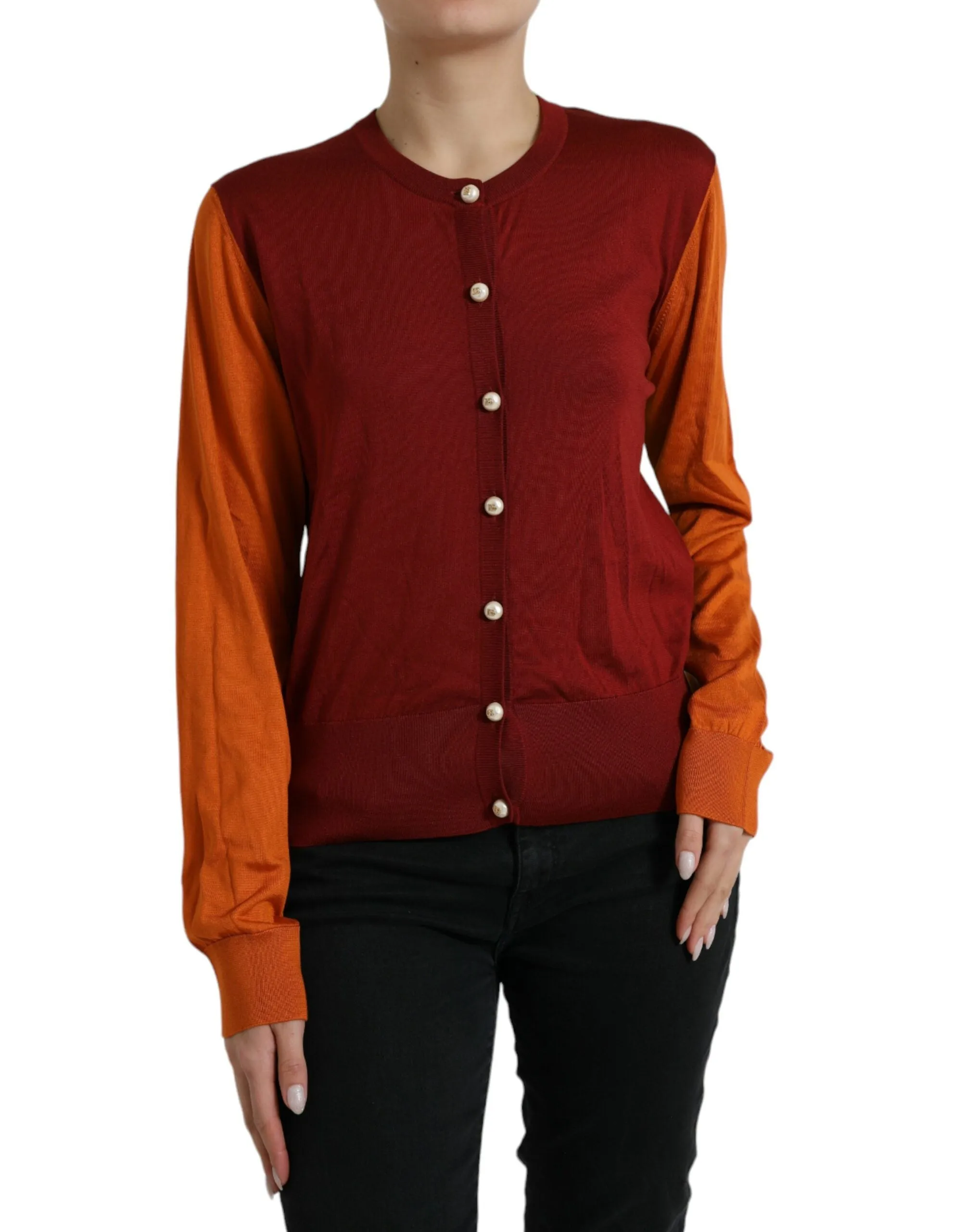 Silk Button Front Cardigan in Maroon Mix sold by Louxly