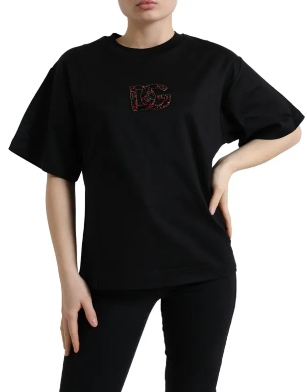 Elegant Black Crystal-Embellished T-Shirt sold by Louxly