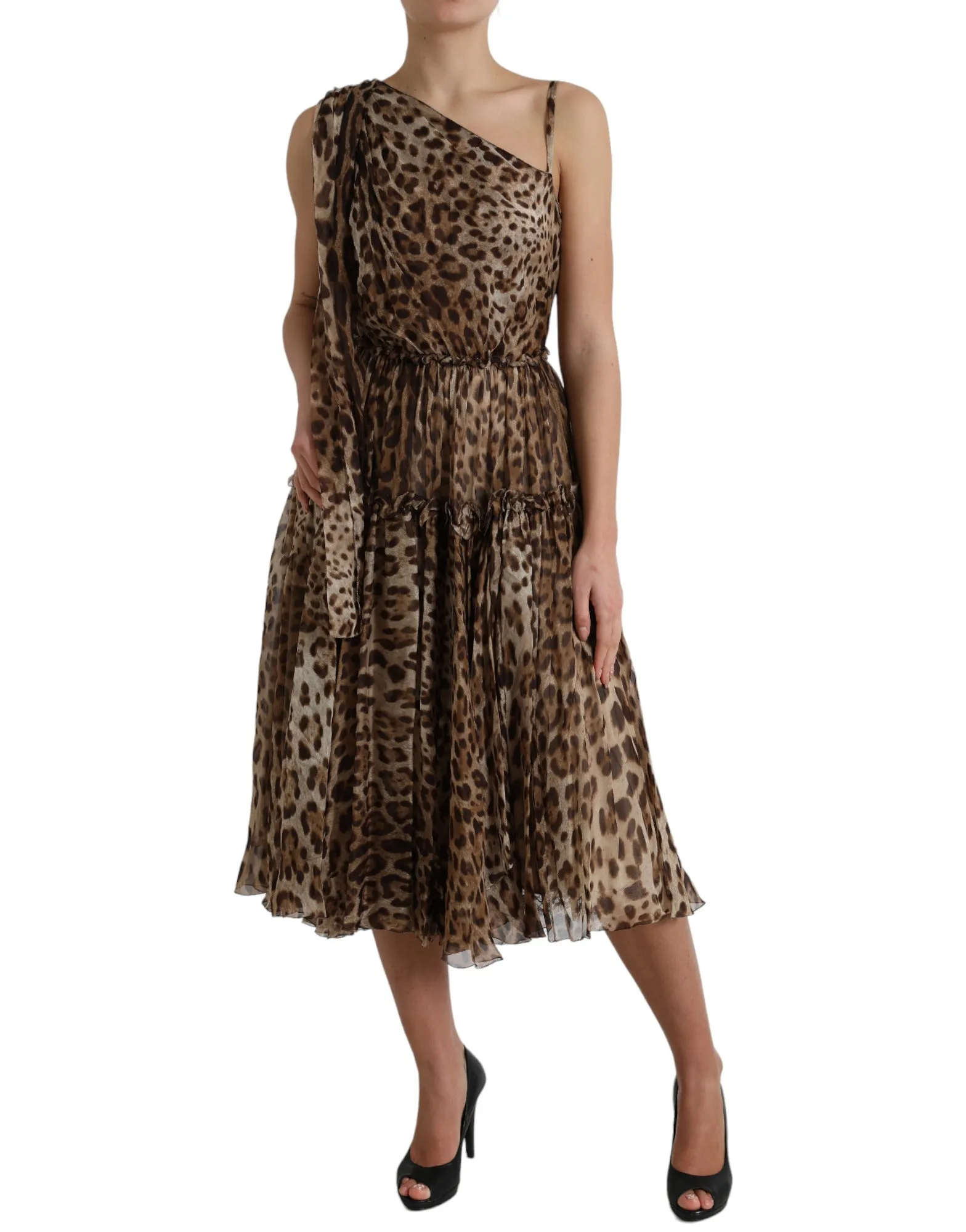 Elegant One-Shoulder Leopard Midi Dress sold by Louxly