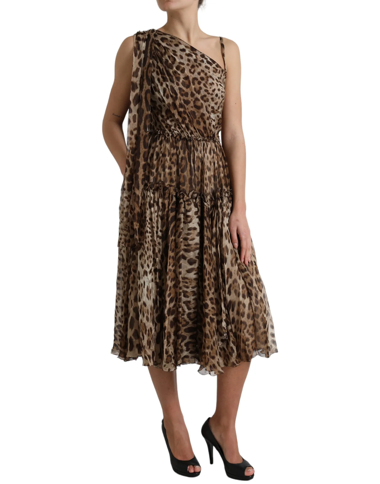 Elegant One-Shoulder Leopard Midi Dress sold by Louxly product image thumbnail 2