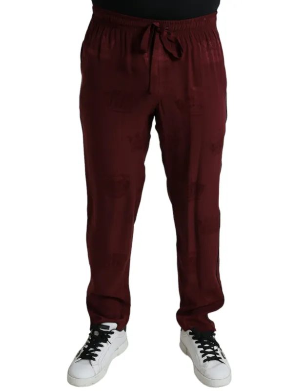 Elegant Maroon Silk Pajama Pants with Crown Motif sold by Louxly