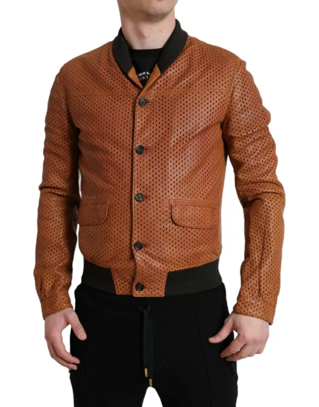 Elegant Leather Perforated Bomber Jacket sold by Louxly
