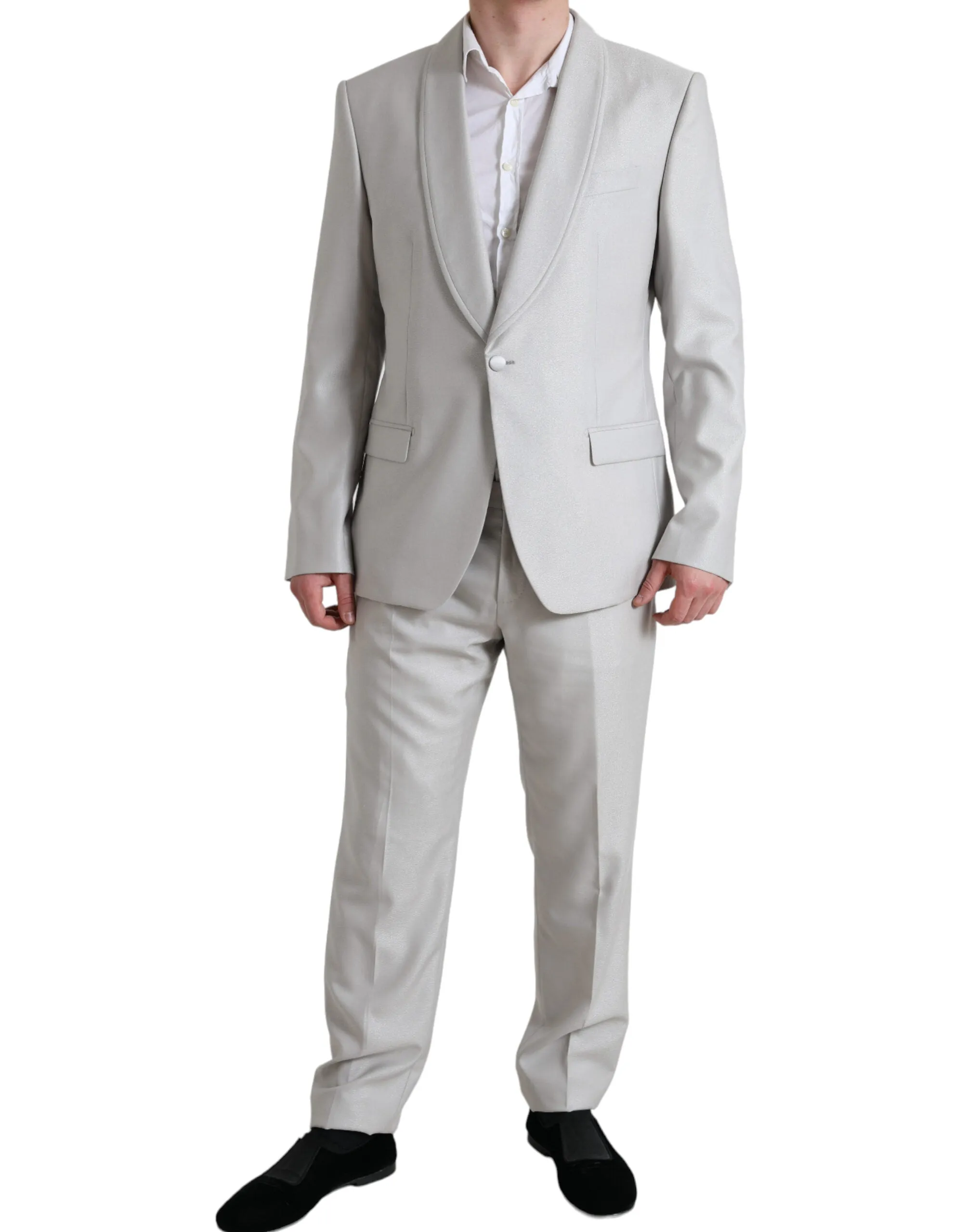 Elegant Silver Slim Fit Wool-Silk Suit sold by Louxly