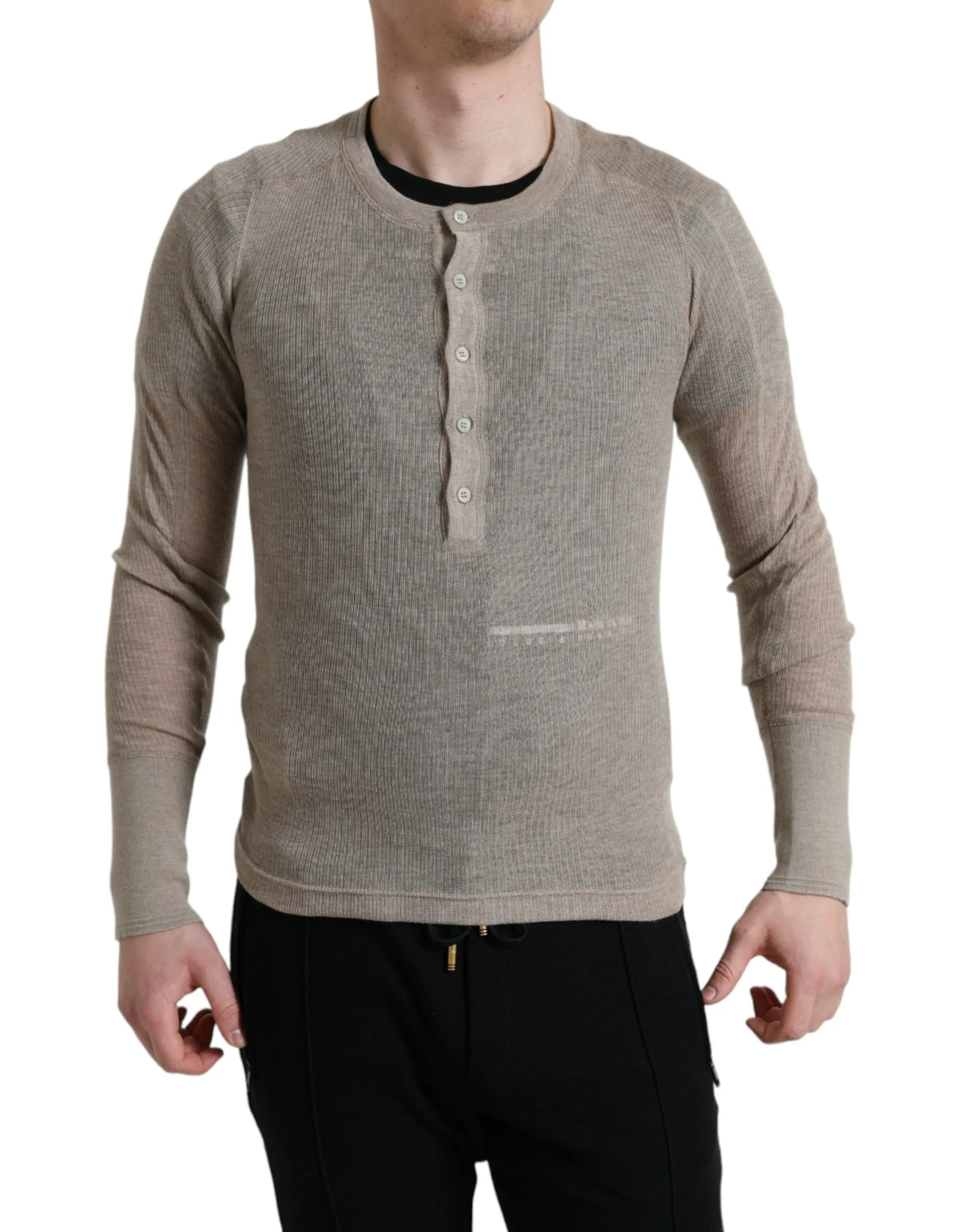 Elegant Beige Henley Cashmere Sweater sold by Louxly