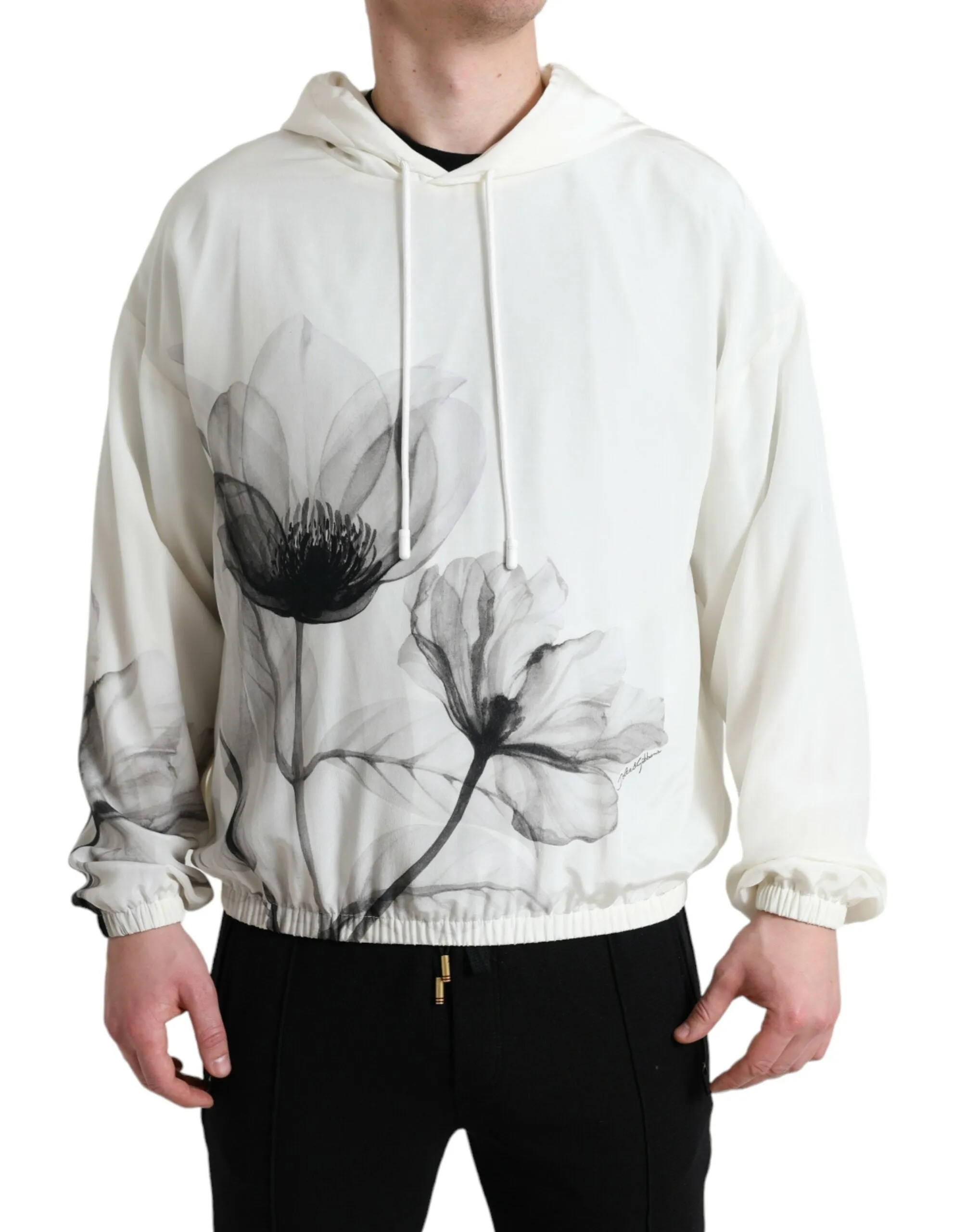 Elegant Floral Silk Hooded Pullover sold by Louxly