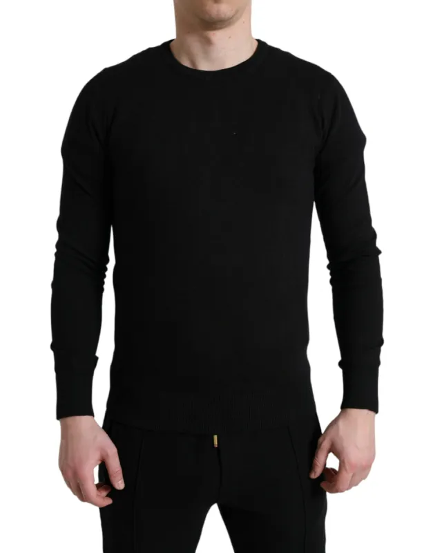 Elegant Black Cotton Crewneck Pullover Sweater sold by Louxly