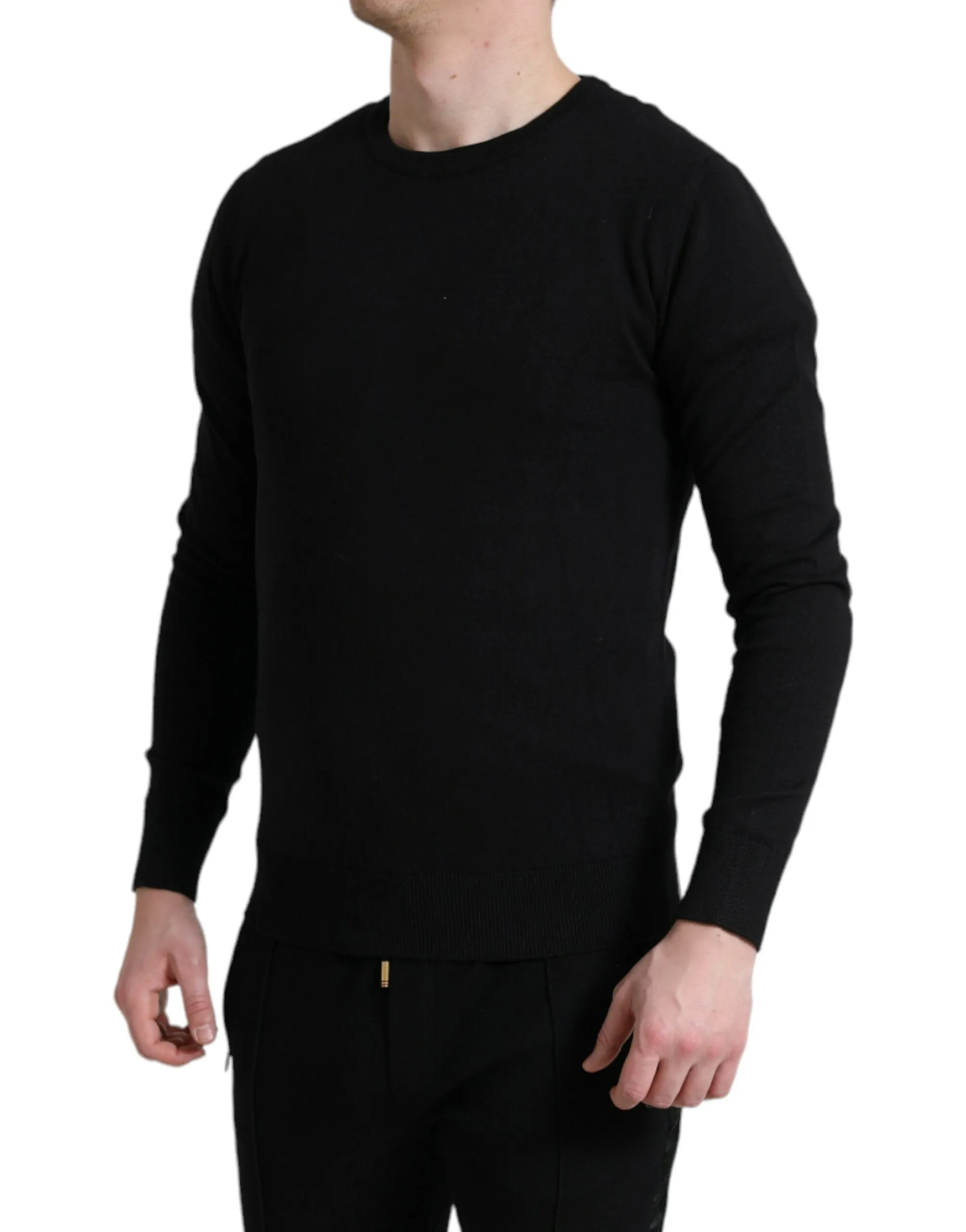 Elegant Black Cotton Crewneck Pullover Sweater sold by Louxly product image thumbnail 2