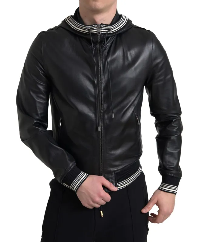 Elegant Black Leather Bomber Jacket sold by Louxly