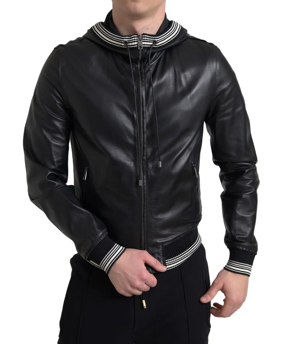 Elegant Black Leather Bomber Jacket sold by Louxly