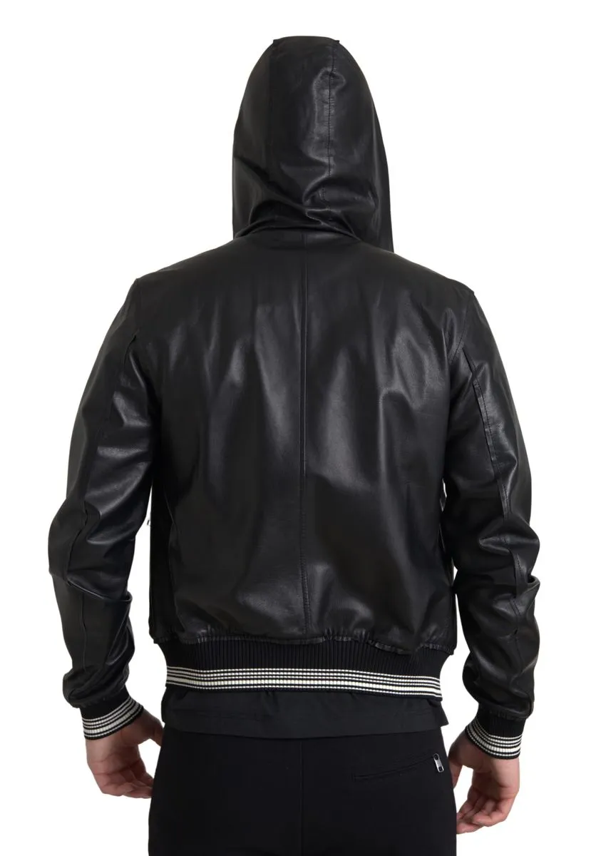 Elegant Black Leather Bomber Jacket sold by Louxly product image thumbnail 5