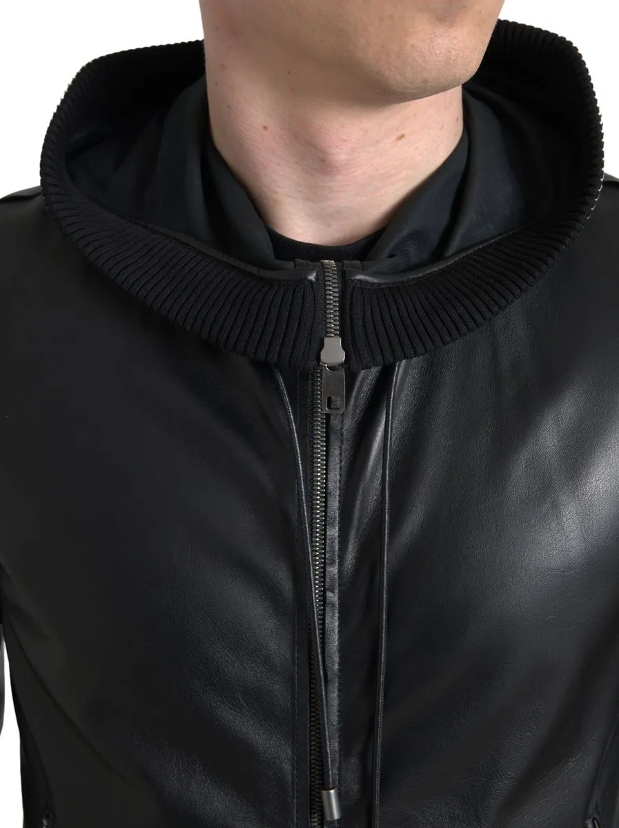 Elegant Black Leather Bomber Jacket sold by Louxly product image thumbnail 3