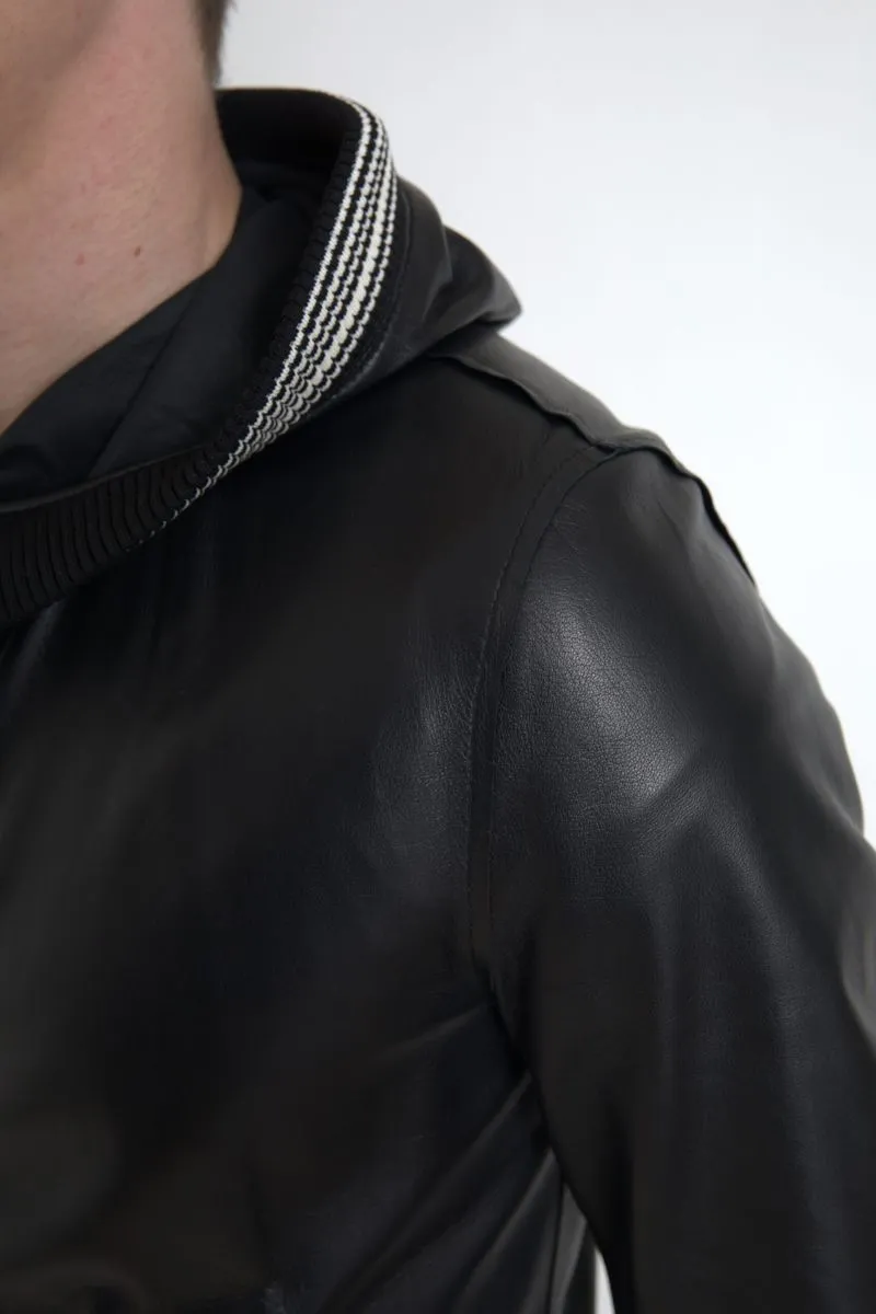 Elegant Black Leather Bomber Jacket sold by Louxly product image thumbnail 4