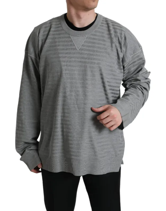 Elegant Gray Striped Silk Crewneck Pullover sold by Louxly