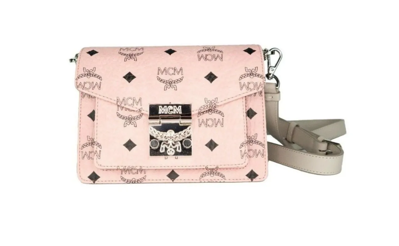 Signature Soft Pink Diamond Logo Leather Mini Flap Lock Crossbody Handbag made by MCM