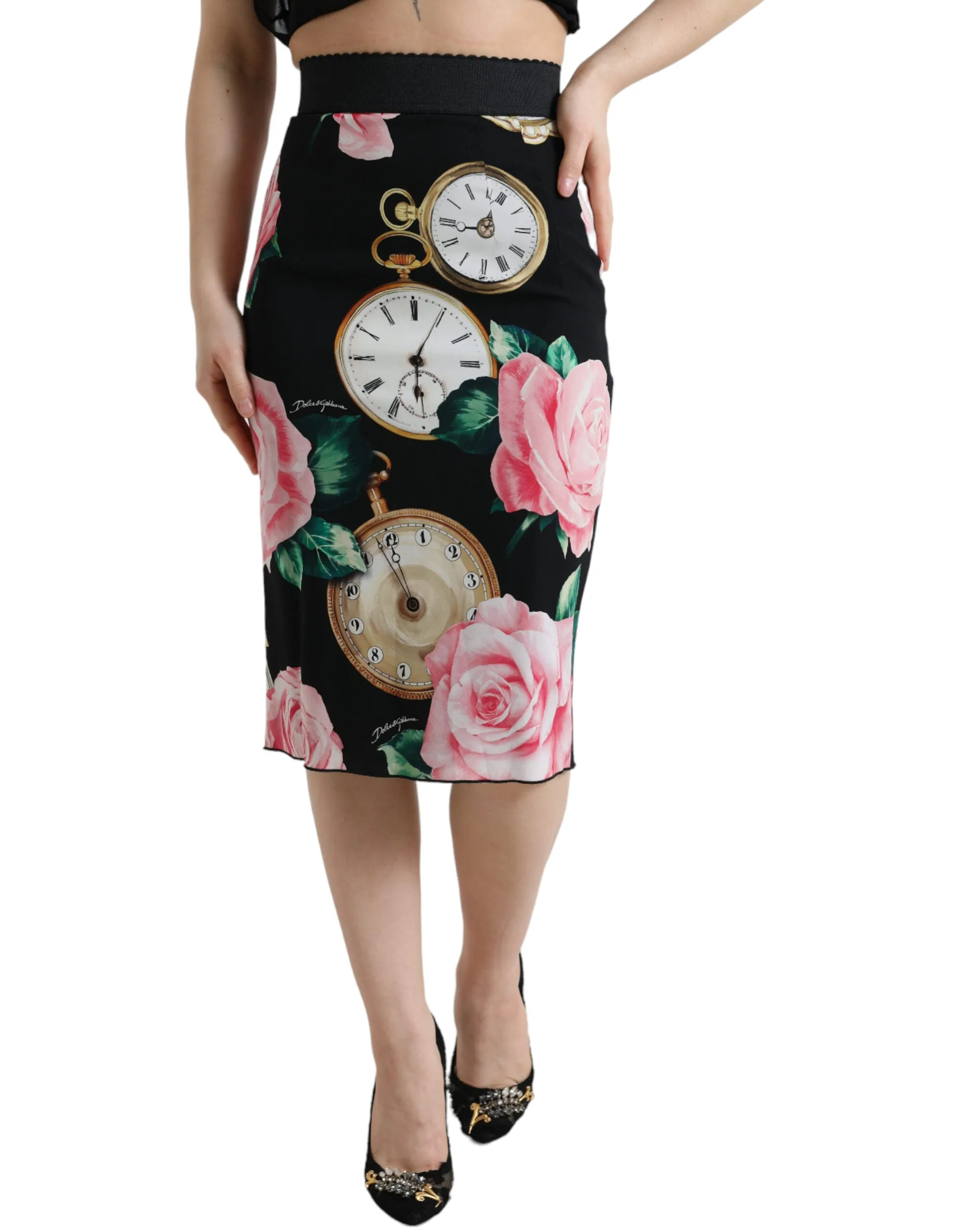 High Waist Silk Pencil Midi Skirt with Floral Print sold by Louxly