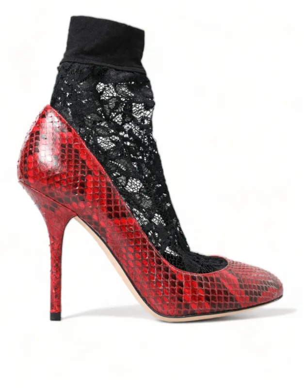 Red Almond Toe Snakeskin Pumps with Lace Socks sold by Louxly