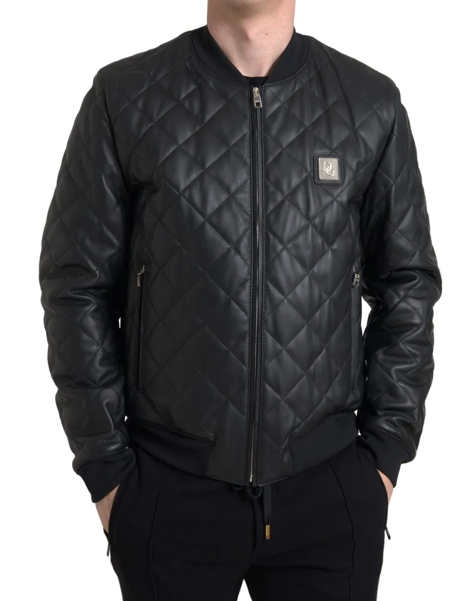 Elegant Black Leather Bomber Jacket sold by Louxly