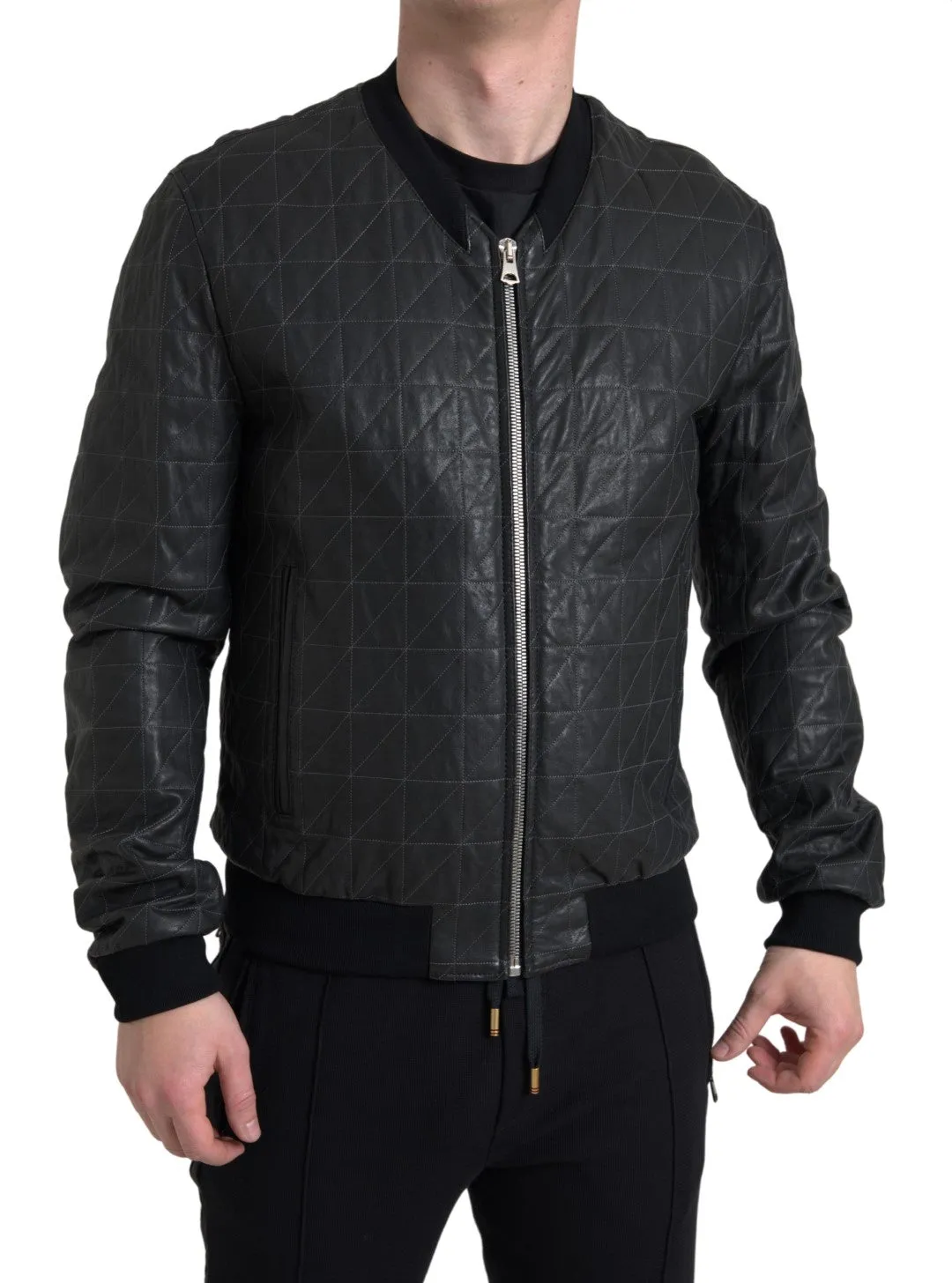 Elegant Black Leather Bomber Jacket sold by Louxly