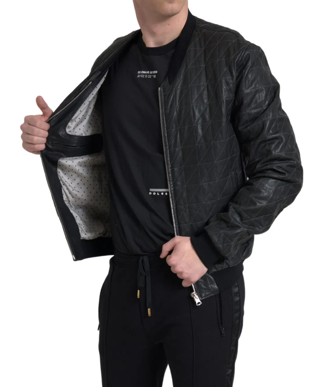 Elegant Black Leather Bomber Jacket sold by Louxly product image thumbnail 3