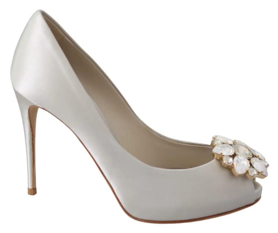 White Crystal Peep Toe Silk Blend Heels sold by Louxly