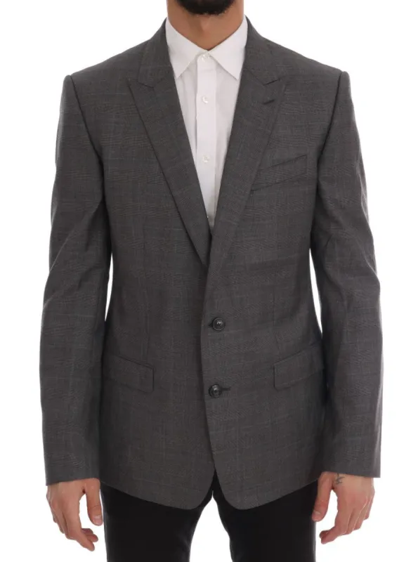 Sleek Gray Checkered Wool Blazer sold by Louxly