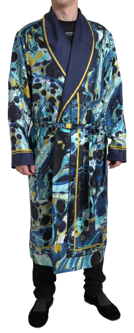 Marble Blue Silk Long Robe Luxury Sleepwear sold by Louxly