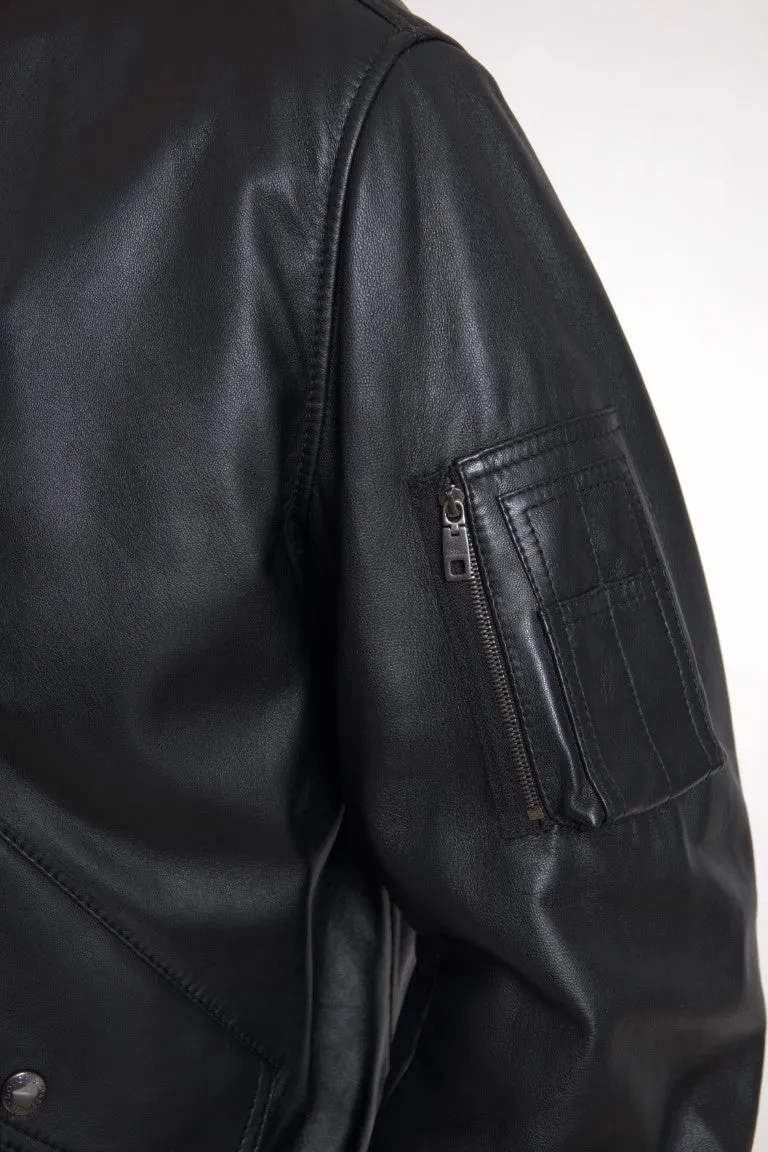 Elegant Black Leather Bomber Jacket sold by Louxly product image thumbnail 2